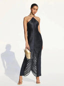 Golden Tassel Halter Dress Elegant Evening Gown for Women