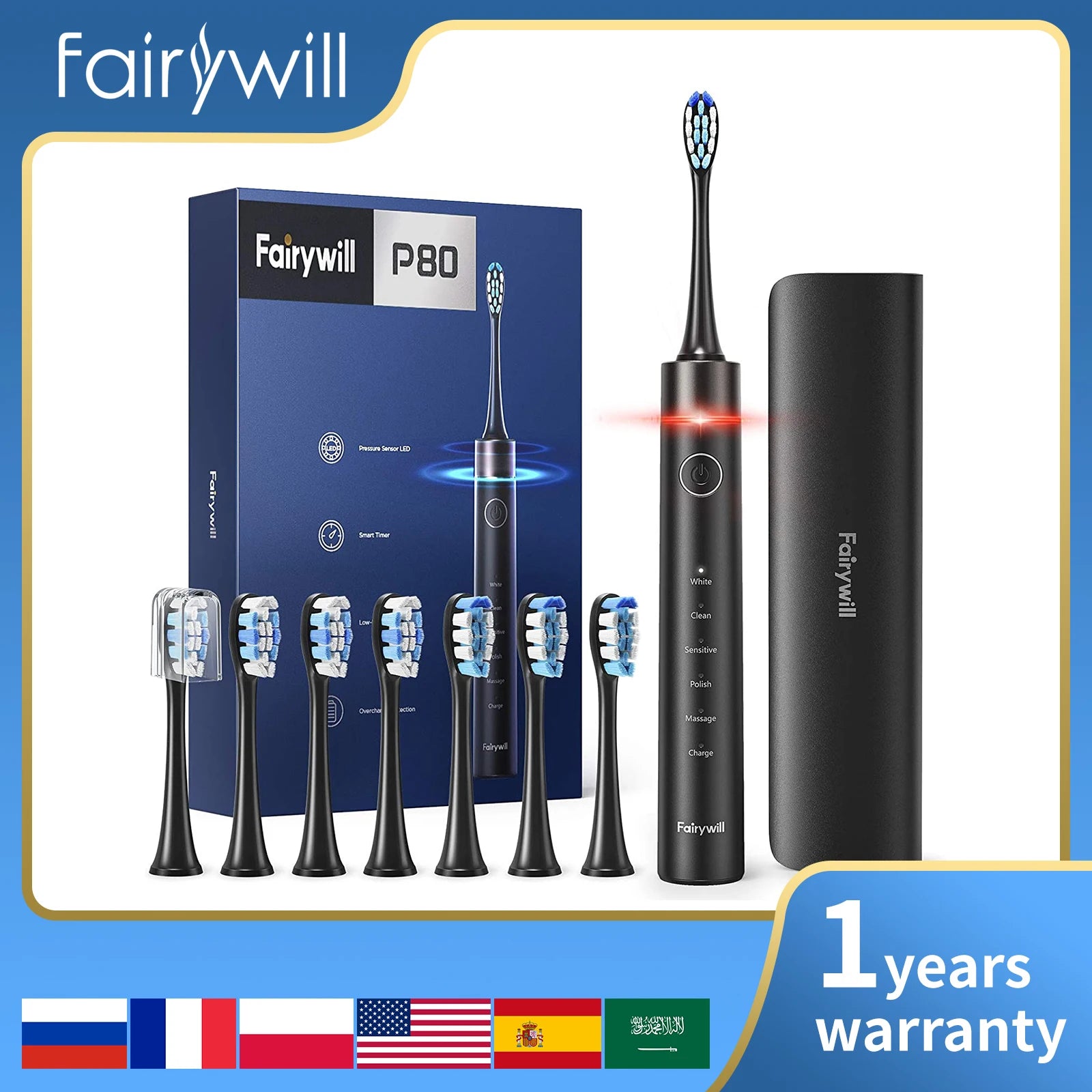 Fairywill P80 Sonic Electric Toothbrush with Smart Timer & Travel Case for Adults