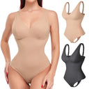 Deep V Neck Shapewear Bodysuit with Built-In Bra - Slimming Thong Body Shaper for Women