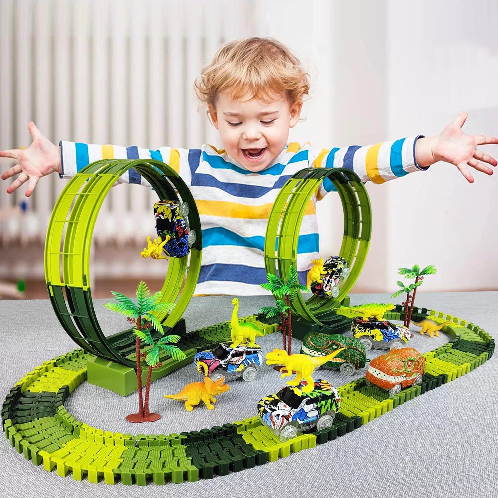 Climbing Dinosaur Track Adventure Playset: Flexible Road Race Car Toys  ourlum.com   