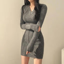 Retro Knit V-Neck Bodycon Dress Vintage Fall/Winter Sweater