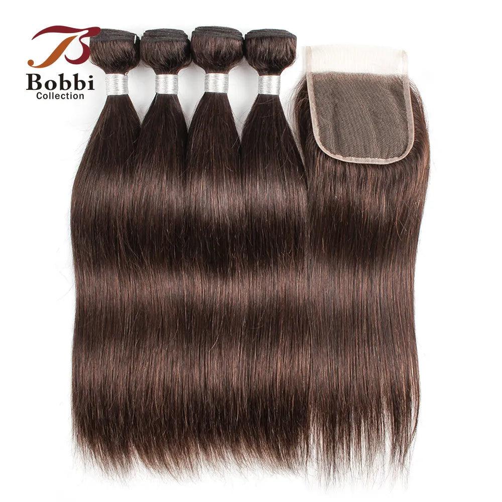 Upgrade Your Style with Luxe Brown Straight Remy Human Hair Bundles and Lace Closure Set by BOBBI COLLECTION  ourlum.com 18 20 22 with 16 Brown Free Part | Remy Human Hair