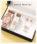 6PCS Set Rose Gold Luxury Watch Women Ring Necklace Earring Set