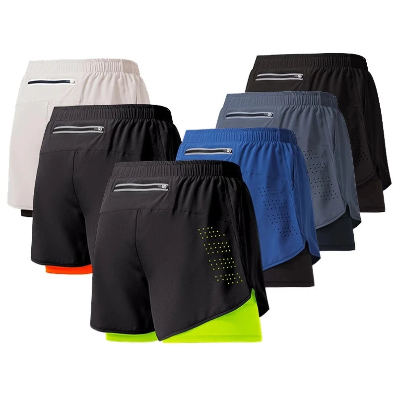 Men's Quick-Dry Double Layer Running Shorts - Black Fitness Training & Bodybuilding Workout Pants