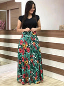 Flower Print Boho Chic Dress Elegant Swing Skirt for Women