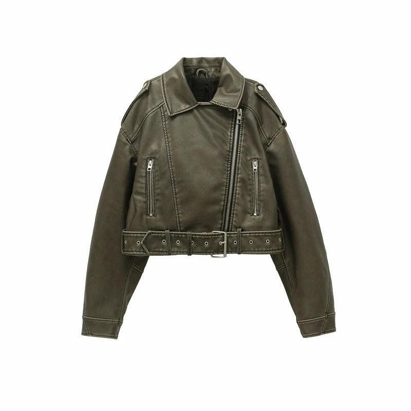 Vintage Style Belted Faux Leather Jacket for Women - Retro Moto Biker Coat  ourlum.com   