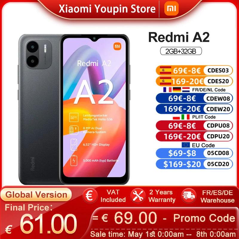 Xiaomi Redmi A2 Global Version MTK Helio G36 Mobile Phone 6.52" DotDrop Display 8MP AI Dual Camera 5000mAh Support Fast Charging