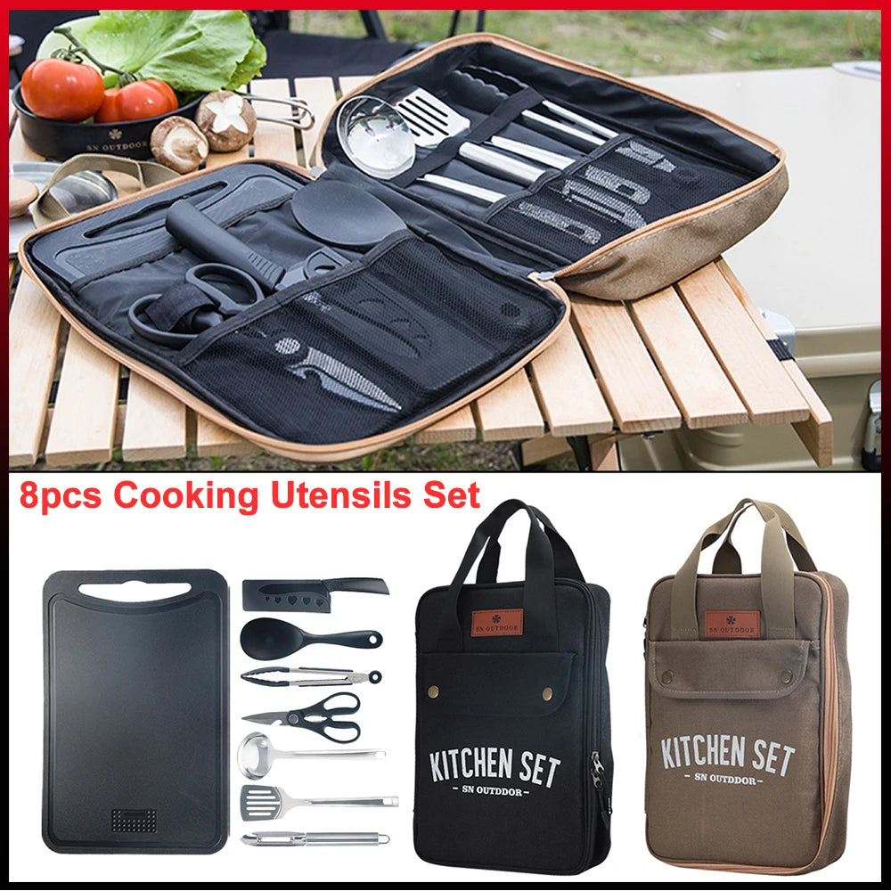 Portable 8-Piece Camping Kitchen Cookware Set with Stainless Steel Utensils and Organizer Bag for Outdoor Cooking