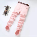 Korean Men Denim Jeans Casual Red Yellow Pink Youth Party Young Classic Male Straight Jeans Design Fashion Pants Elastic