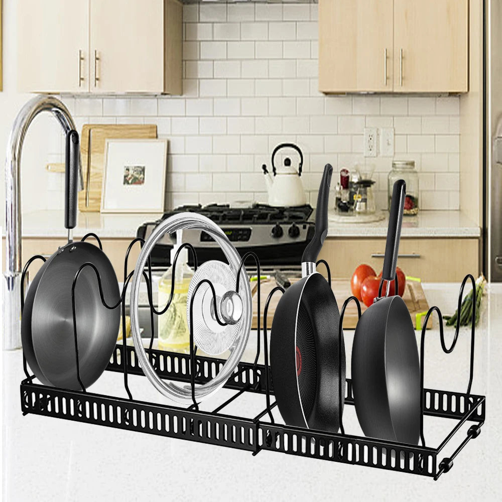 Adjustable Multi-Tier Cookware Organizer Rack - Space-Saving Pot and Pan Storage Solution for Kitchen