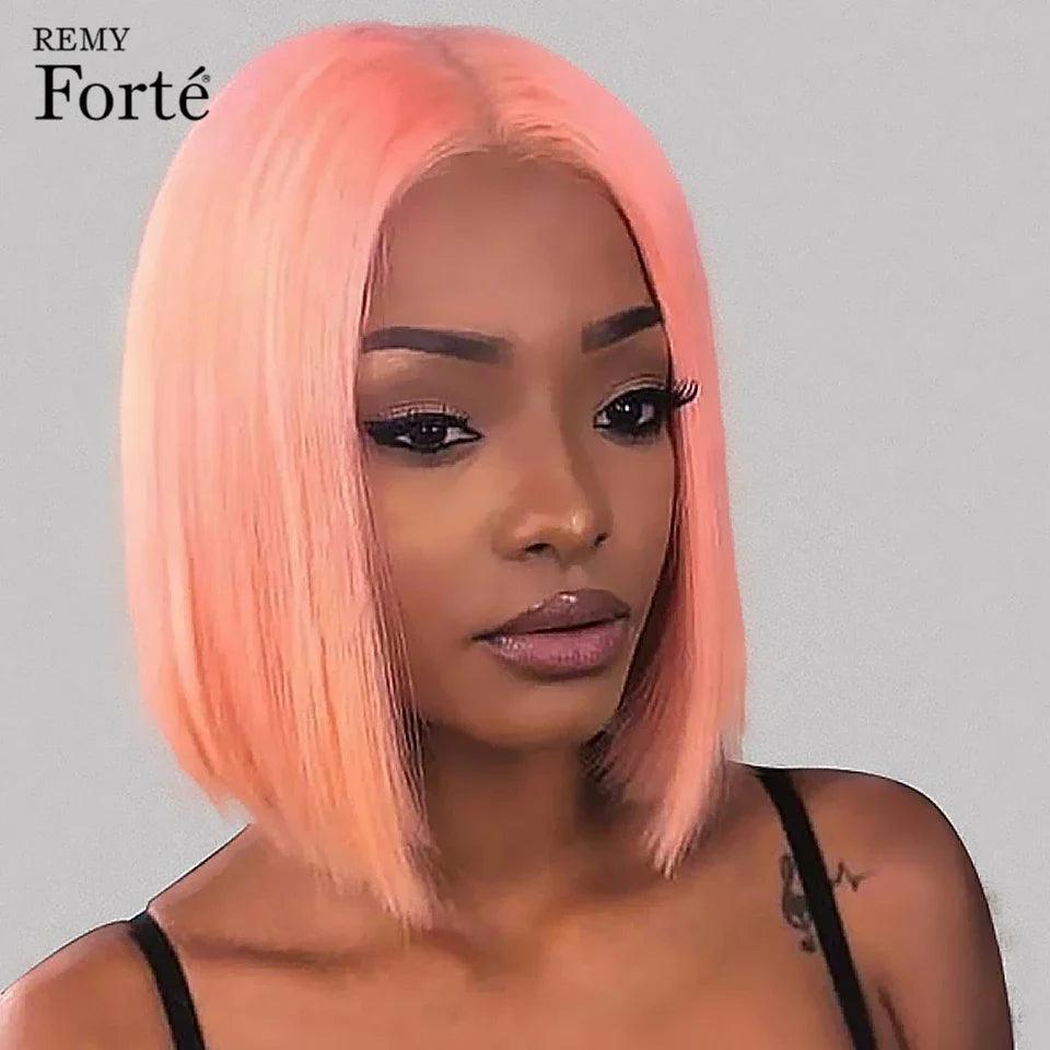 Vibrant Pink Bob Lace Front Wig with Blonde Straight Human Hair - 180D Transparent Pre-Plucked Brazilian Wig