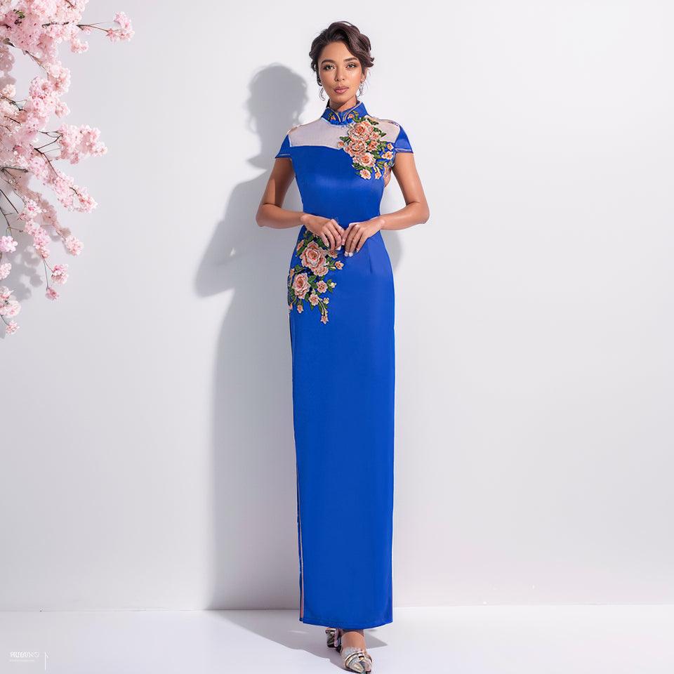 Blue Chinese Bride Evening Gown: Elegant Fusion for Banquets & Events