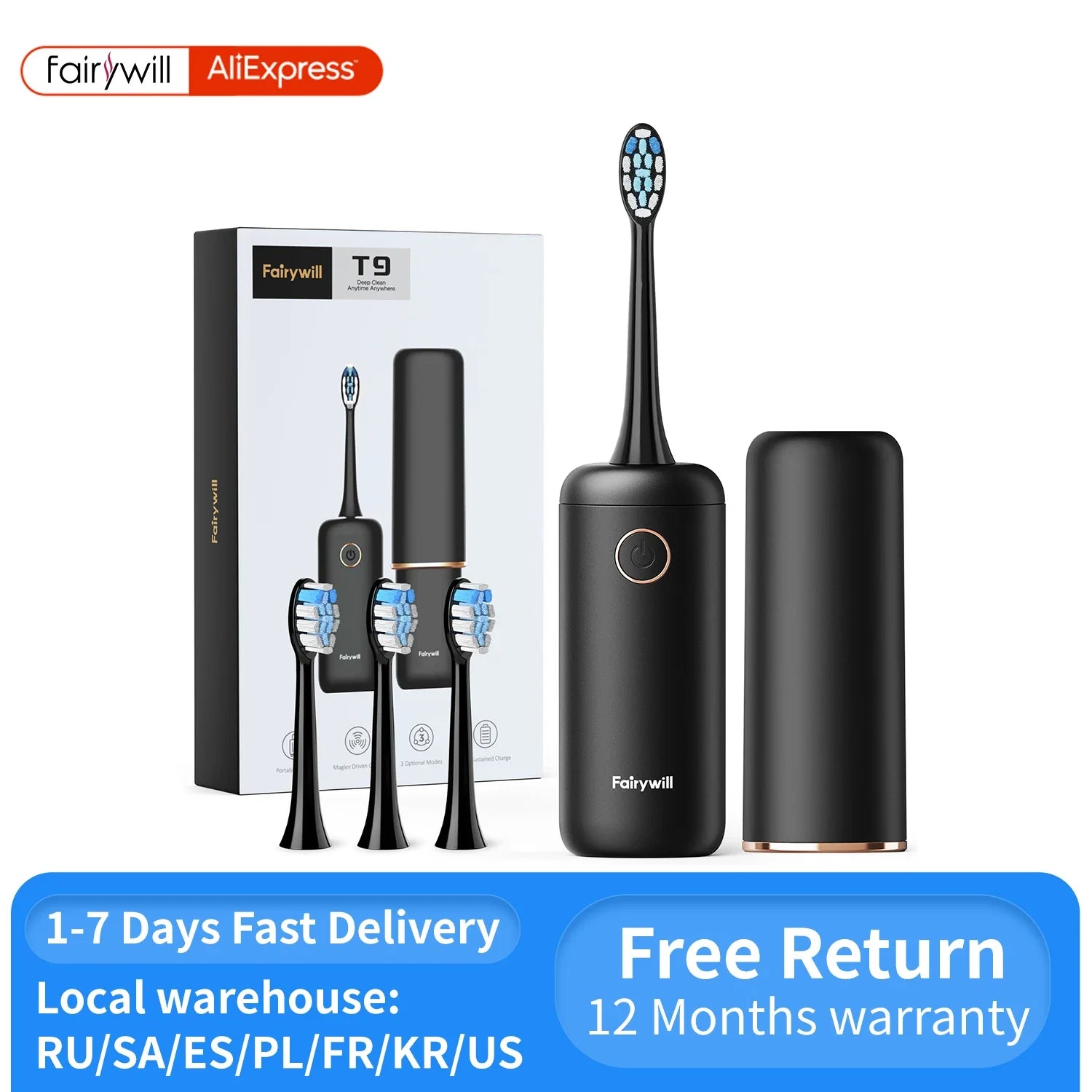 Fairywill Sonic Electric Toothbrush Smart Timer Waterproof Portable 4 Replacement Heads Travel Case USB Rechargeable For Travel