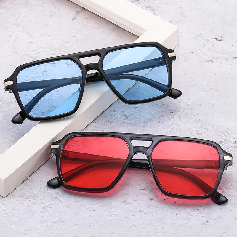 Unisex Vintage Double Bridge Square Sunglasses with UV400 Protection and Gradient Mirror Lenses