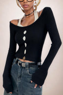 Color Contrast Halterneck Knitwear Seductive Slimming Top