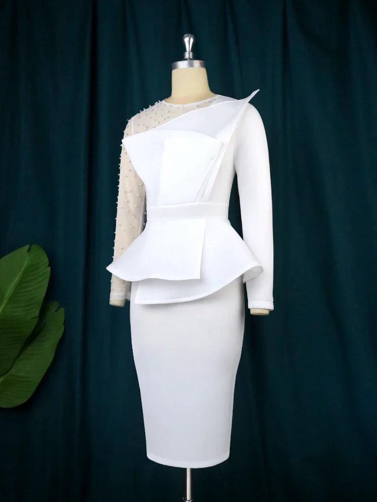 Elegant White Peplum Party Dress with Beaded Mesh Detail - Perfect for Christmas & Evening Events  OurLum.com   