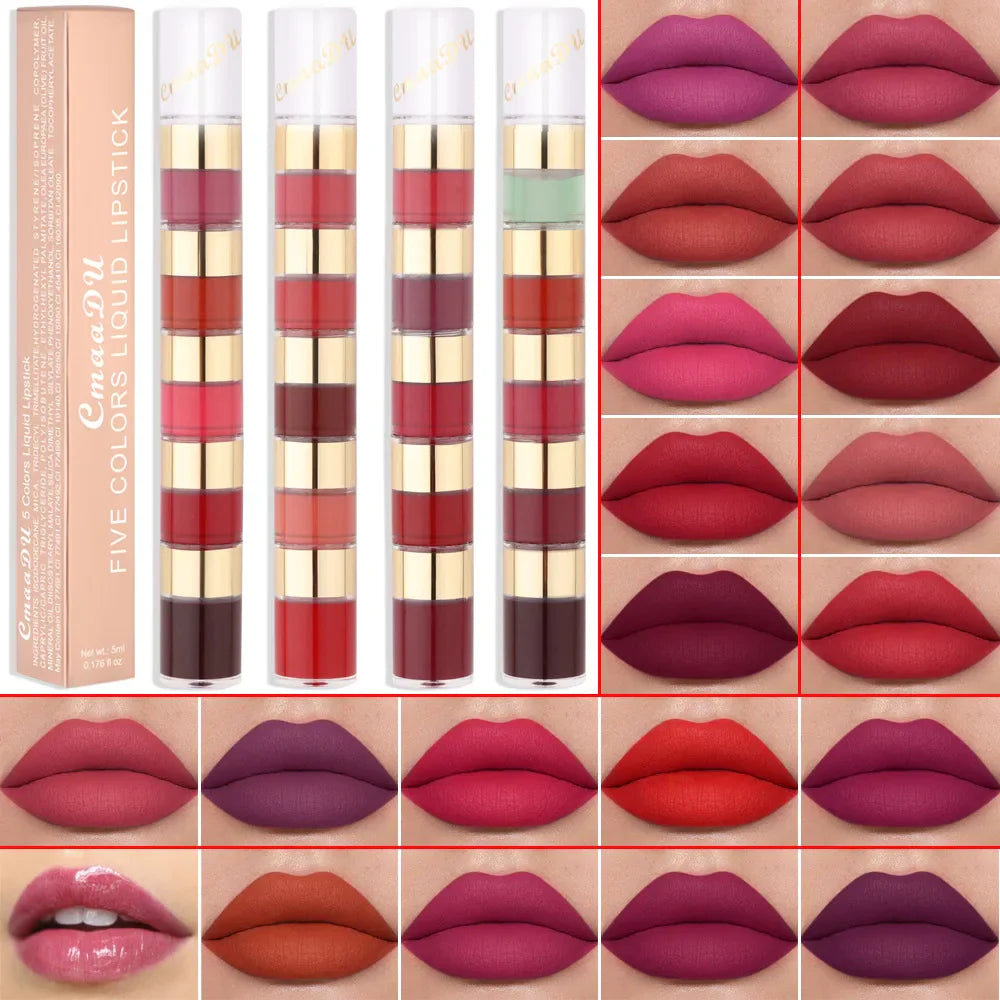 5 In 1 Matte Lipstick Kit Combo Strip Velvet Sexy Red Lip Tint Non-stick Cup Lip Gloss Lip Oil Makeup Lips Cosmetic Set  ourlum.com   