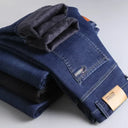 2023 Winter Men Black Blue Straight Stretch Denim Pants