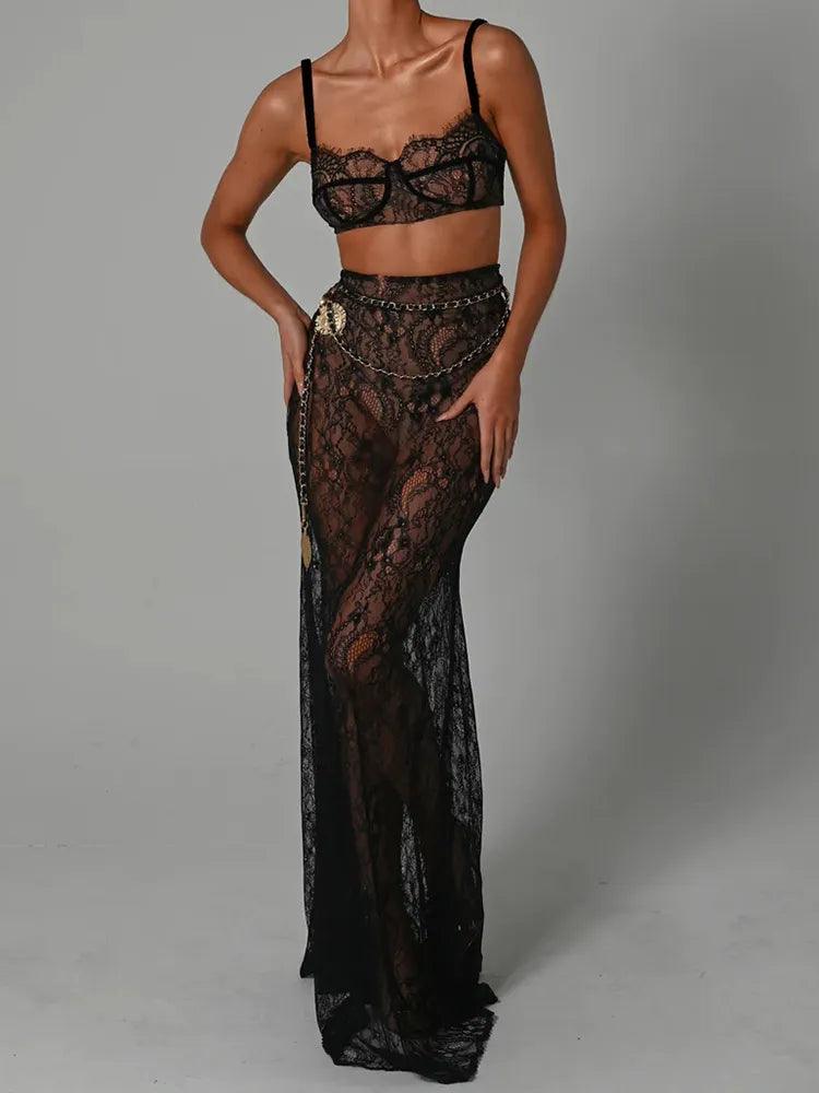 Sheer Lace Elegance Two-Piece Maxi Skirt Set for Women  ourlum.com L Black 