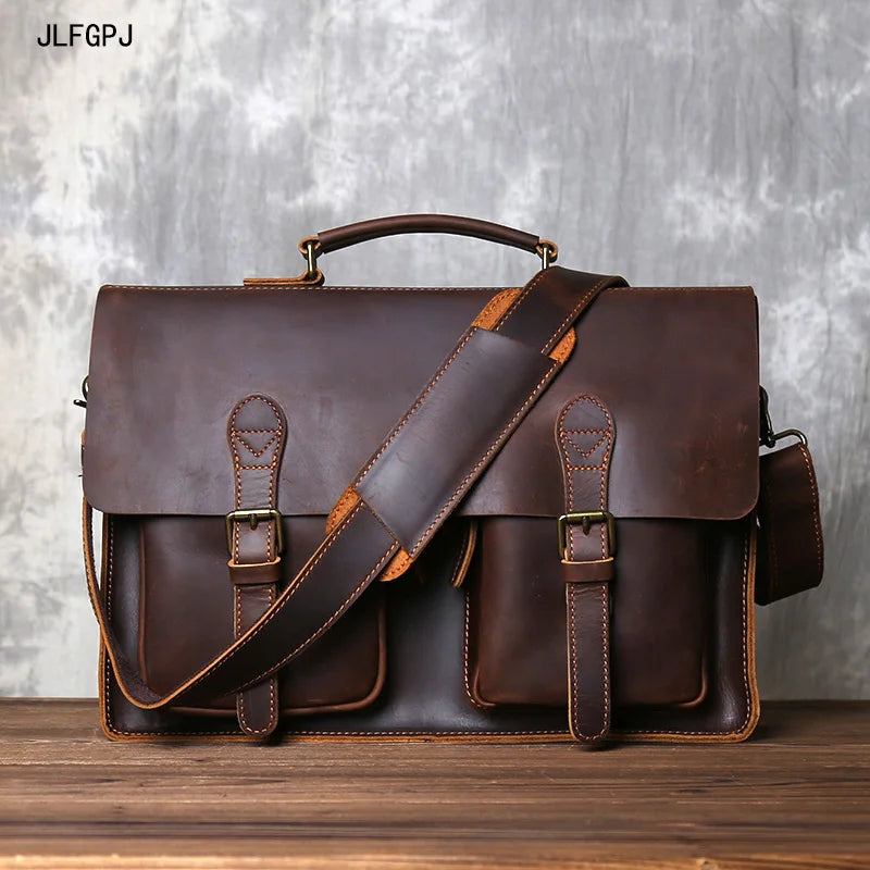 JLFGPJ Vintage Large Capacity Men's Crazy Horse Leather Messenger Bag - Top Layer Cowhide Zipper Briefcase