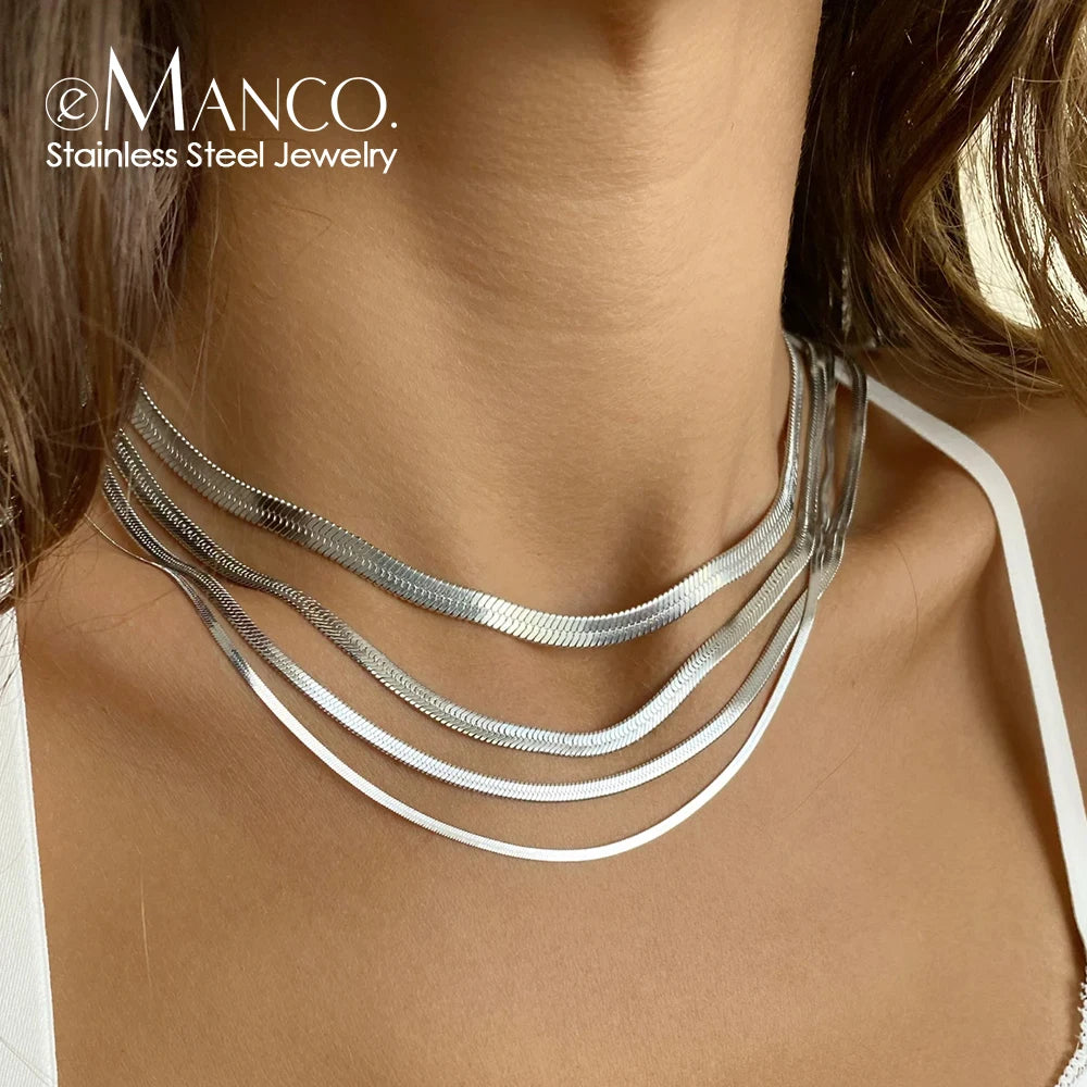 eManco Unisex Snake Chain Necklace Silver Color Choker Stainless Steel Herringbone Chain Necklace For Women Jewelry Wholesale