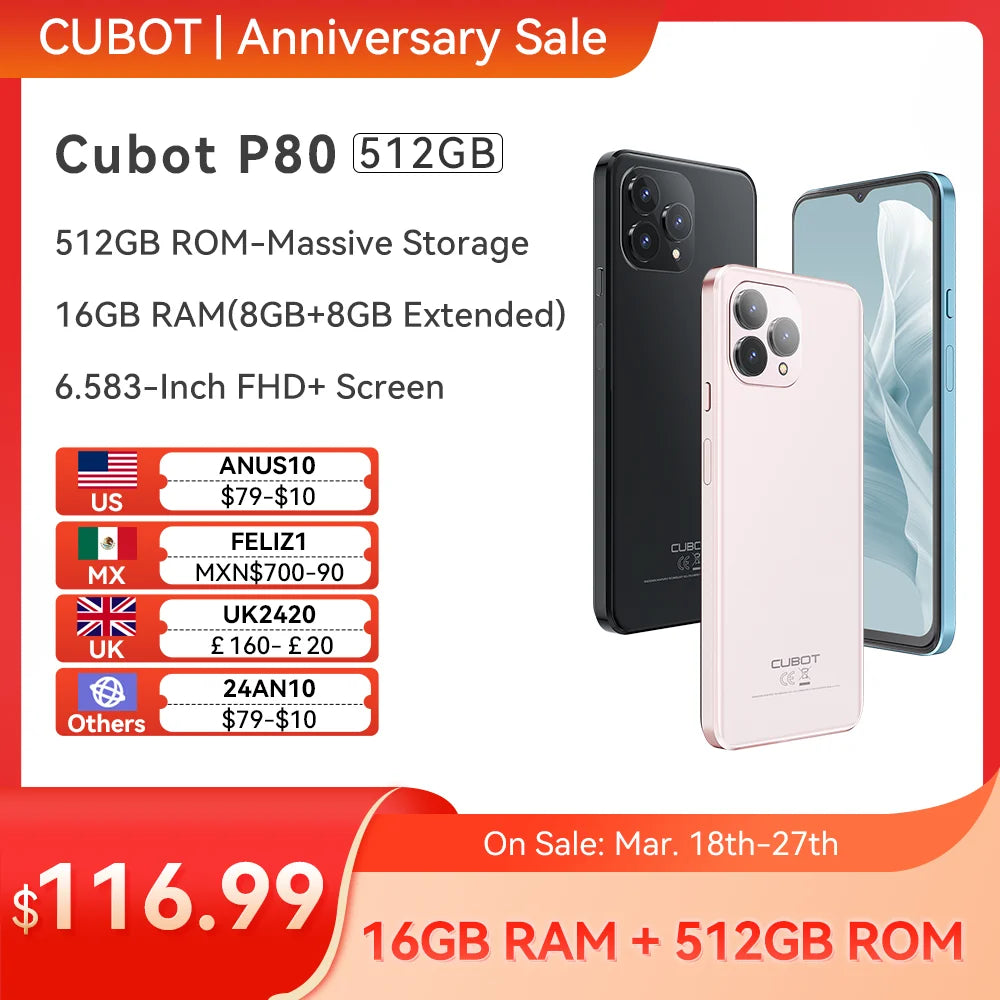 Cubot P80 [512GB], 16GB RAM, Global Version Smartphone Android 13 - Exquisite 48MP Camera, 6.583" FHD+ Screen, Add to Cart  ourlum.com   