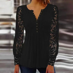 Lace Pleated V Neck Blouse: Elegant Hollow Button Shirt - Women's Chic Feminine Top