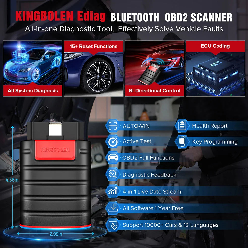 KINGBOLEN Ediag OBD2 Diagnostic Tool with 1 Year Free Software, Full System Diagnostics, ECU Coding, and Active Test Functions