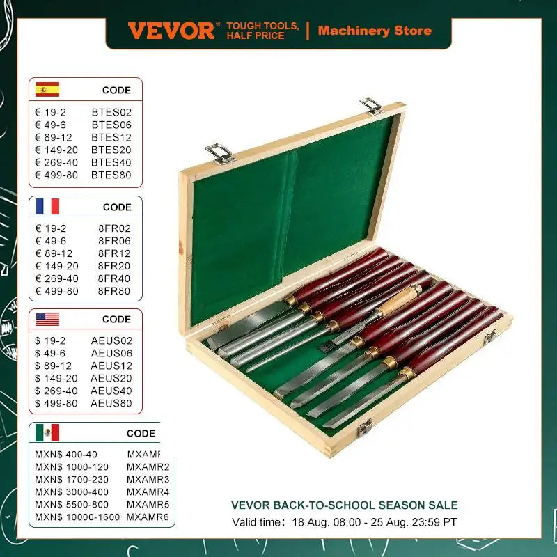 VEVOR 8PCS + 1 Free HSS Lathe Chisel Set for Wood Turning Root Furniture Carving Knife 6.89" Blade 16.14" Chisel With Tool Box