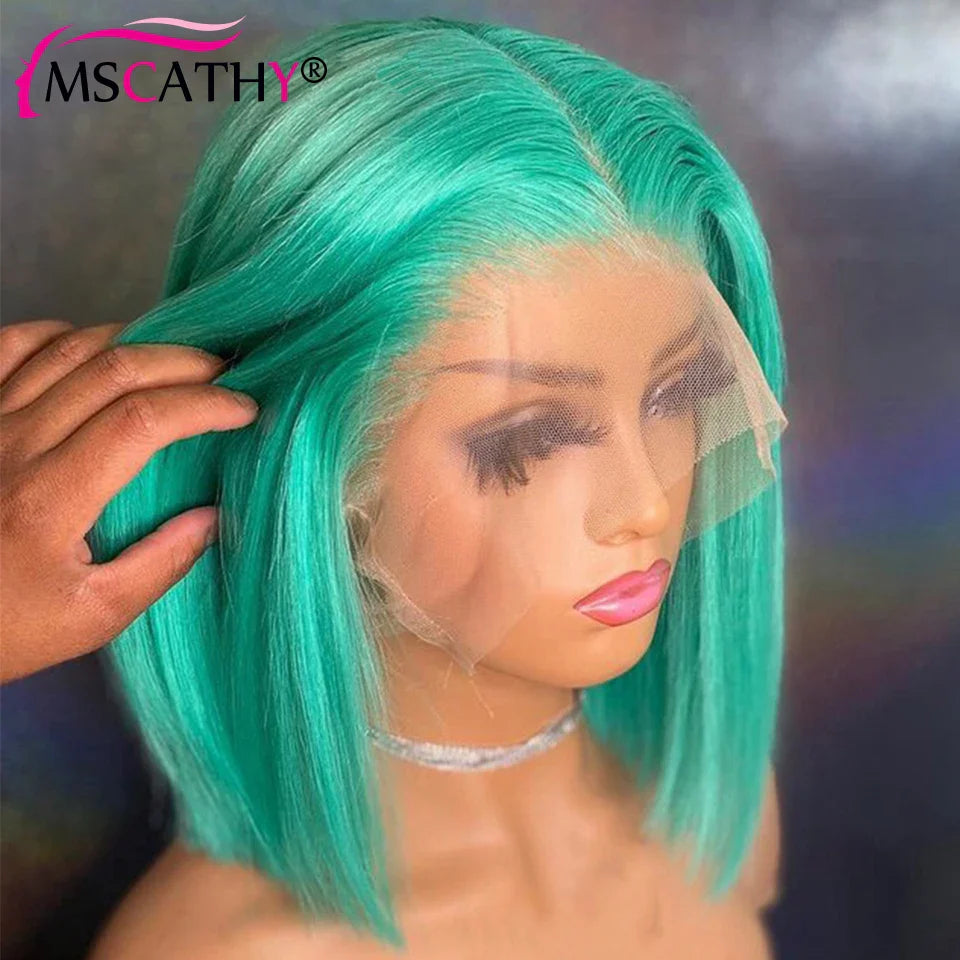 Mint Green Colored Bob Wig 613 Blonde Lace Front Human Hair Wig Straight Short Bob Wigs For Women HD Lace Frontal Wig Preplucked  ourlum.com   