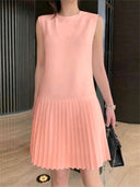 Elegant Solid Pleated Mini Dress for Women - Chic Sleeveless Sundress 2024 in Black, White, or Pink  OurLum.com   