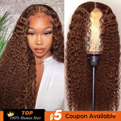 13x4 HD Lace Front Human Hair Wig in Chocolate Brown - Pre-Plucked Deep Wave Curly Style