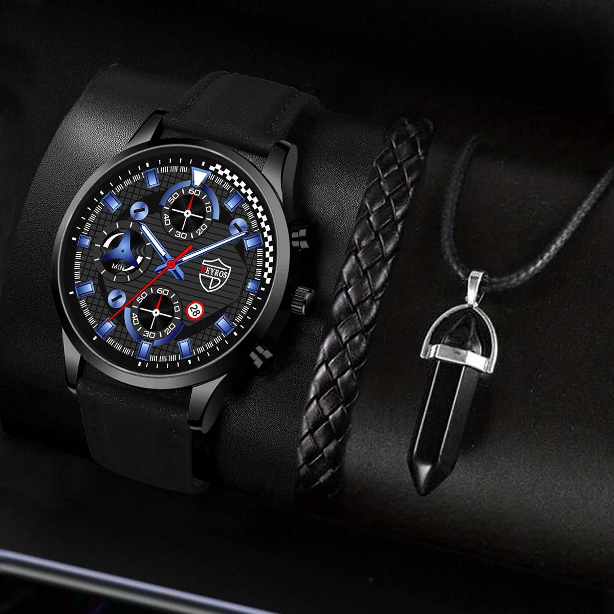 Elegant Men's Leather Quartz Watch with Calendar - Timeless Luxury Timepiece  OurLum.com Black Blue  