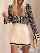 Elegant Office Dresses Set: Printed Shirt & Mini Skirt