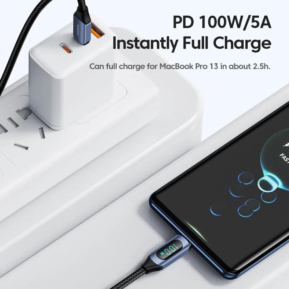 Toocki 100W PD Fast Charging Type C to Type C Cable with Display for Xiaomi POCO F3 Realme Macbook iPad  ourlum.com   