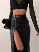 Vintage Black PU Leather Zipper Skirt Edgy Streetwear Chic