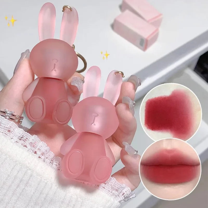 Cute Rabbit Matte Velvet Lip Glaze Summer Lovely Bunny Keychain Lip Mud Matte Texture Lipstick Pink Red Lip Gloss Tint Cosmetic  ourlum.com   