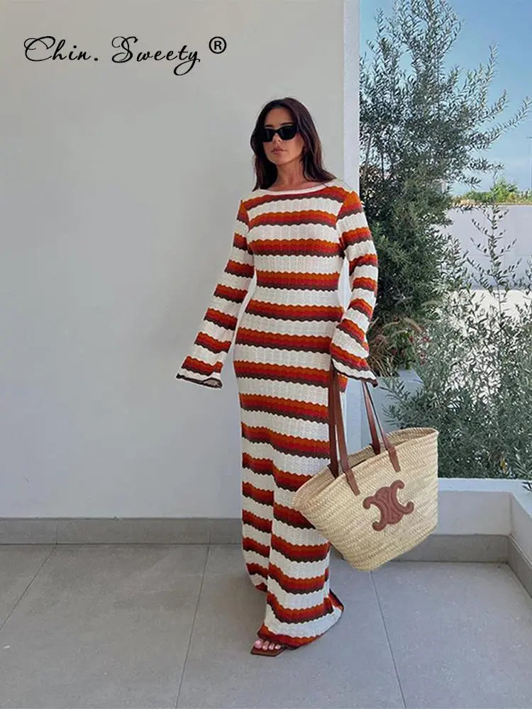Bohemian Striped Bodycon Dress with Ruffle Sleeves - Elegant Cotton Vacation Attire  OurLum.com   