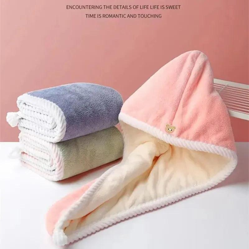 Double Thick Dry Hair Towel Double Sides Use Dry Hair Cap Multi-color Strong Absorbent Rippled Edge Thick Quick Drying Bath Hat  ourlum.com   