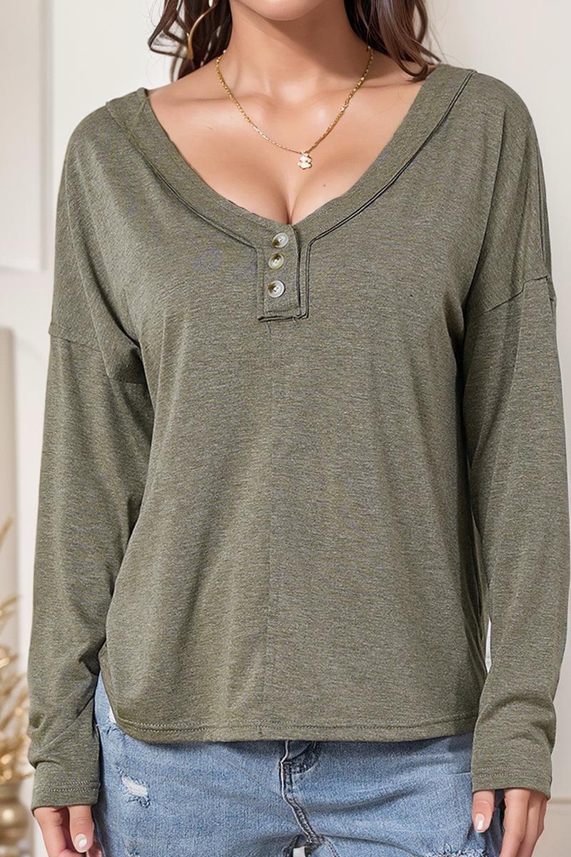 Fall 2024 New Arrival Pure Color Long Sleeves T-shirt Women's Inner Wear Fashion Thin Casual V-neck Buttons Knitting Tops Women's