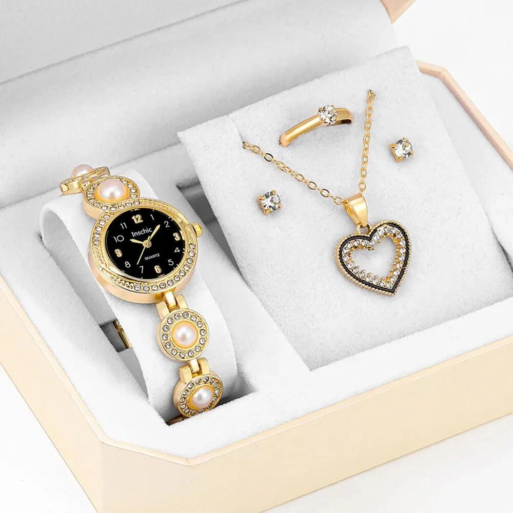 Heart Necklace and Earrings Set with Luxury Watch - Elegant Rhinestone Jewelry for Women  OurLum.com   