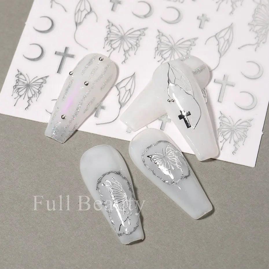 Metallic Butterfly Nail Art Decals with Holographic Hues and Abstract Flames  ourlum.com   