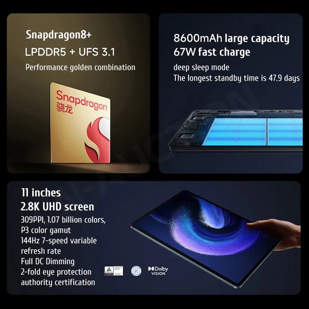 Xiaomi Mi Pad 6 PRO Global Rom Tablet Snapdragon 8+ 11 Inch 144Hz 2.8K Display 8600mAh 67W Fast Charger Android 13 MIUI 14 2023  ourlum.com   