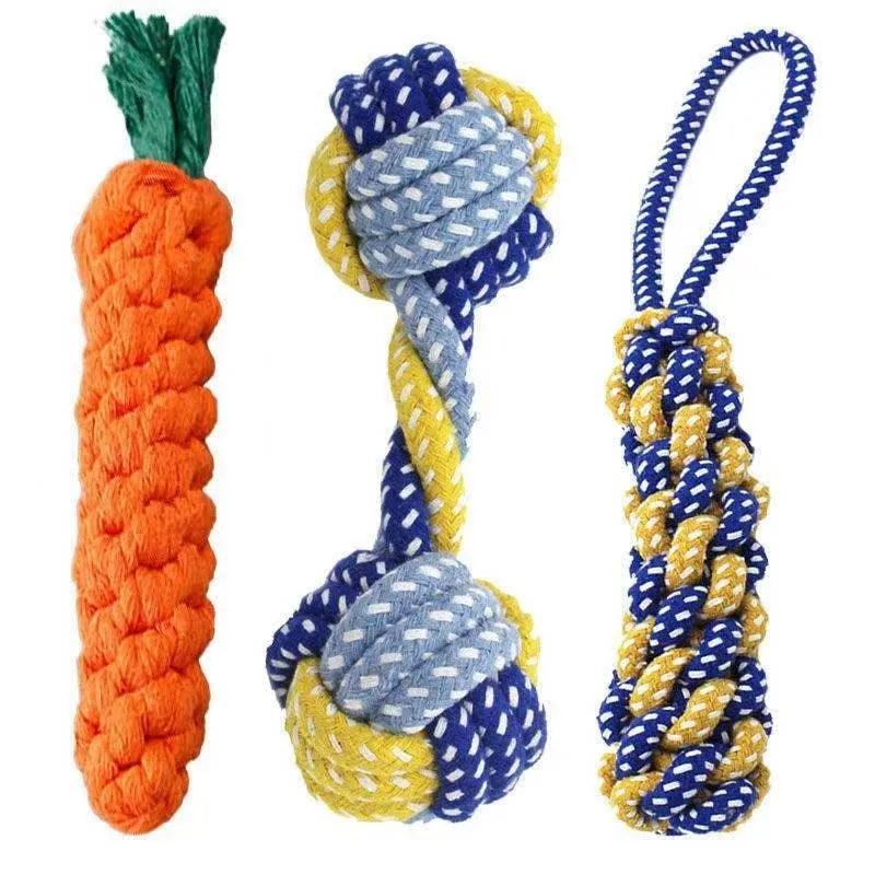 Ultimate Dog Chew Toy Set: Cotton Rope Carrot Knot Dumbbell Ball for Puppy Teeth Cleaning and Entertainment  ourlum.com   