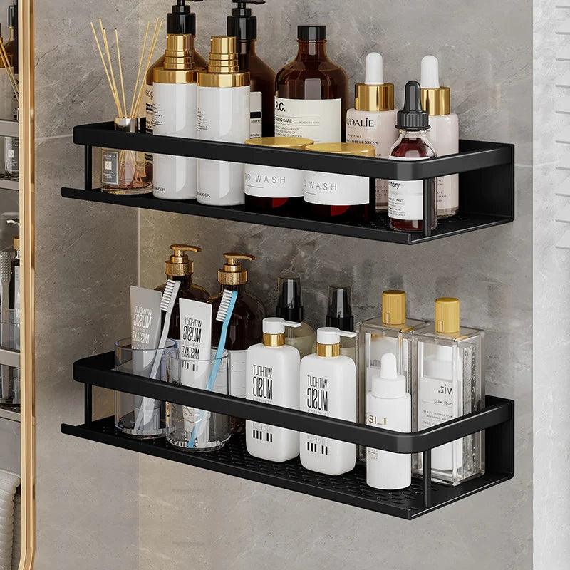 Black Aluminum Bathroom and Kitchen Wall Shelf with Changing Basket - Space-Saving Storage Solution  ourlum.com   