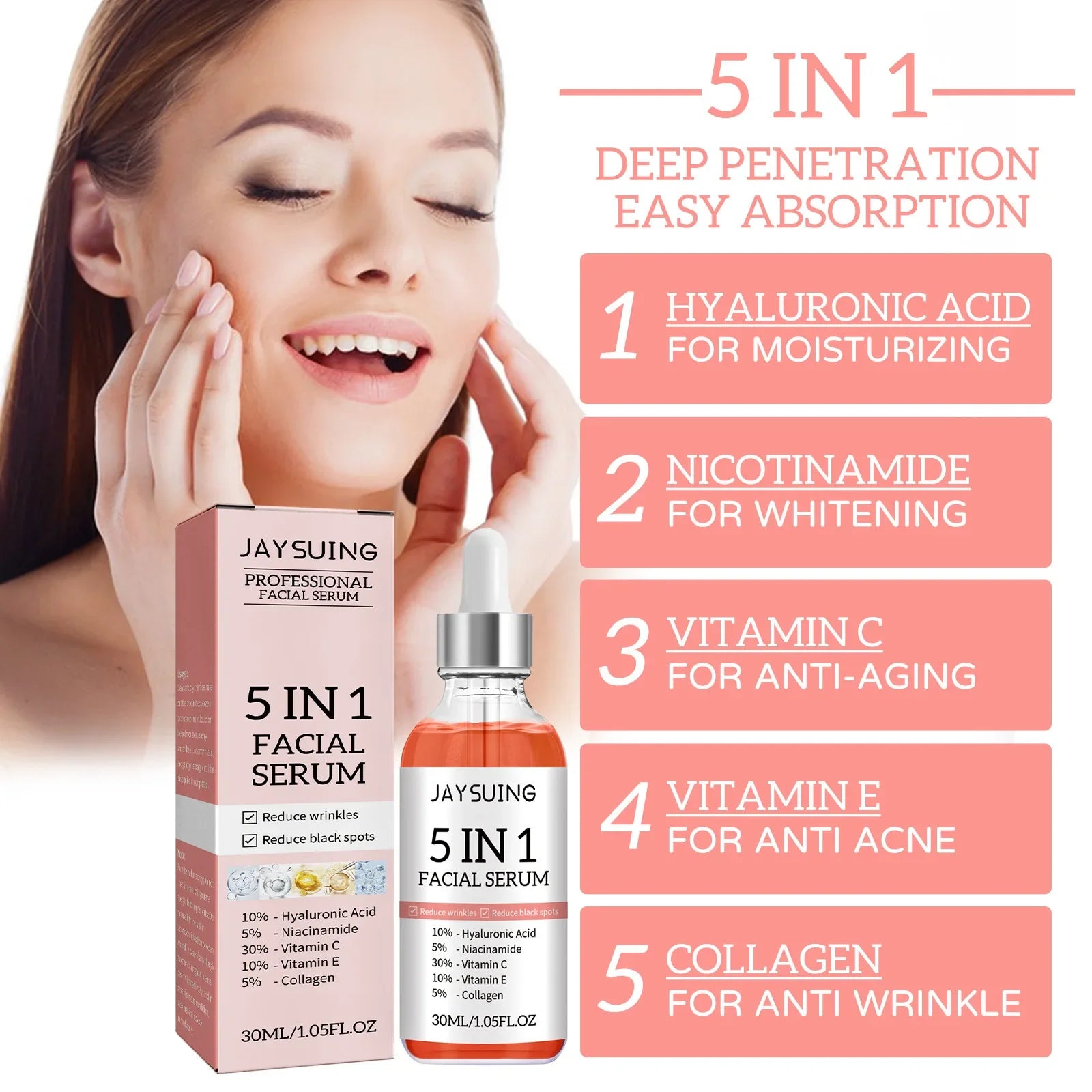 5 In 1 Face Serum Hyaluronic Acid Moisturizing Whitening Anti Wrinkle Aging Vitamin C Fade spots Shrink Pores Skin Care 30ml  ourlum.com   