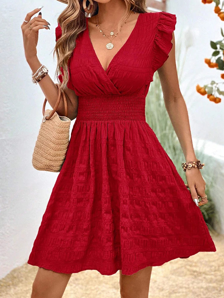 Elegant Red V-Neck A-Line Dress for Women - Summer Chic Style 2024  OurLum.com   