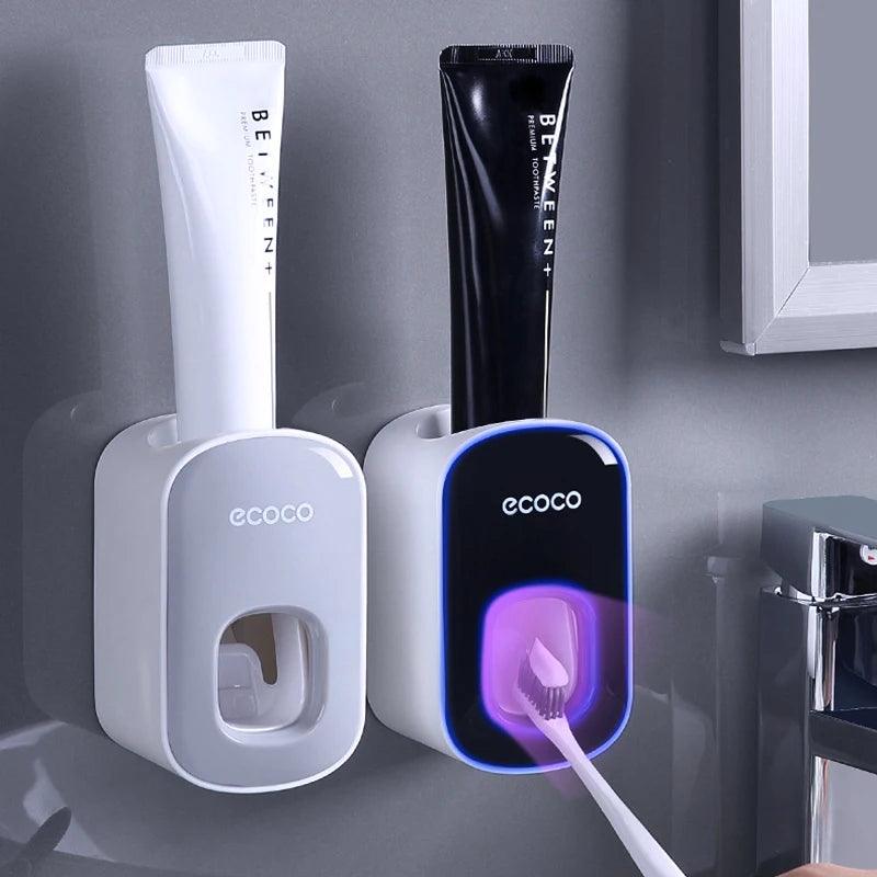 Automatic Toothpaste Dispenser with Dust-Proof Toothbrush Holder Wall Mount Set  ourlum.com   