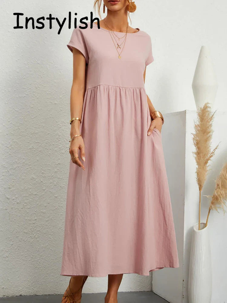 Elegant Vintage Maxi Dress: Summer Fashion Staple with O-neck and A-line Silhouette