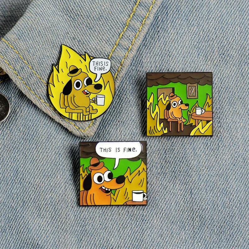 Yellow Anime Cartoon "This Is Fine" Hound Dog Enamel Pin - Cute Fashion Jewelry  ourlum.com   